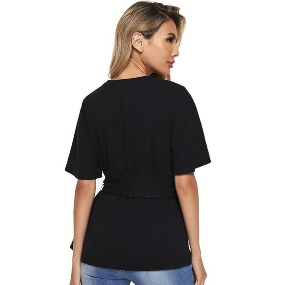 Women's Bow Self Tie Scalloped Cut Out Short Sleeve Work Tunic Top Black Solid M - Picture 3 of 5